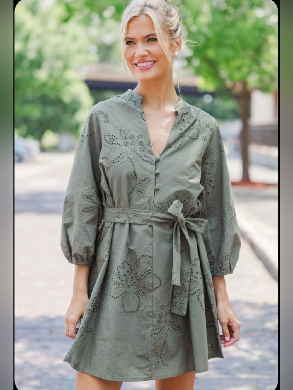 NWOT Zara Eyelet Embroidery Tie-Waist Dress Olive Green Boho Feminine
